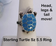 Anello tartaruga sterling smalto turchese gambe articolate testa e coda .925 misura 5,5