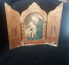 Antico trittico In Legno Madonna con bambino con due angeli nei lati