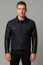 Giacca uomo blu stile jeans con maniche in pelle, giacca camionista, stile biker
