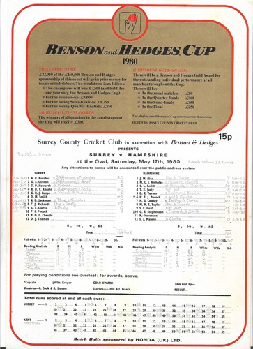 Benson hedges cup scorecard - &,