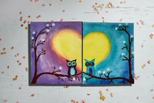 Coppia gufi quadro acrilico su mini tele 10x12cm con cavalletti