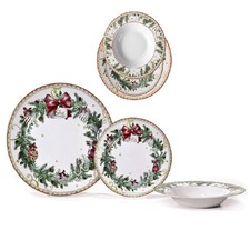 Servizio Piatti di Natale completo per 6 Persone 18 PZ  ghirlanda fiocco rosso i