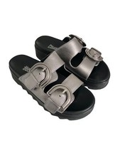 COUGAR PEPA Black Metallic Gray Leather Two Strap Slide Wedge Sandals US 6 EUC!