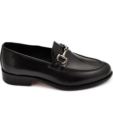 Scarpe mocassino uomo elegante morsetto argento vera pelle semilucida nero suola