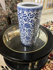 Portaombrelli vintage dipinto a mano, blu e bianco, inglese