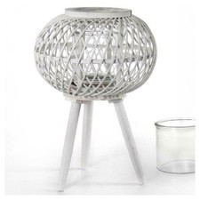 LANTERNA PORTACANDELA CON PIEDI TONDA 17X46CM IN LEGNO BAMBÙ VETRO BIANCO 777929