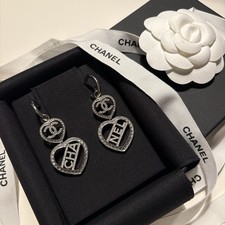 Chanel Crystal Heart Logo Earrings