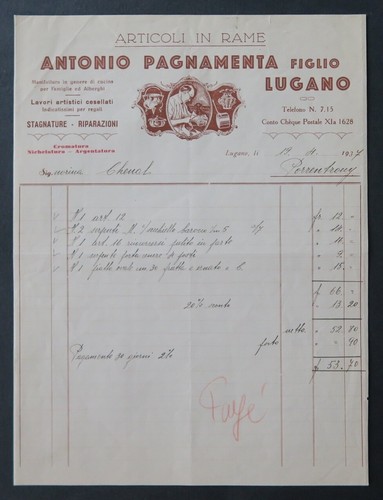 Facture italie 1937 lugano - italie,