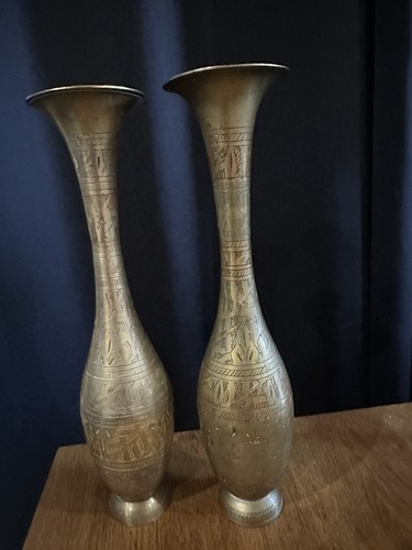 Pair vtg etched brass - pair, vase
