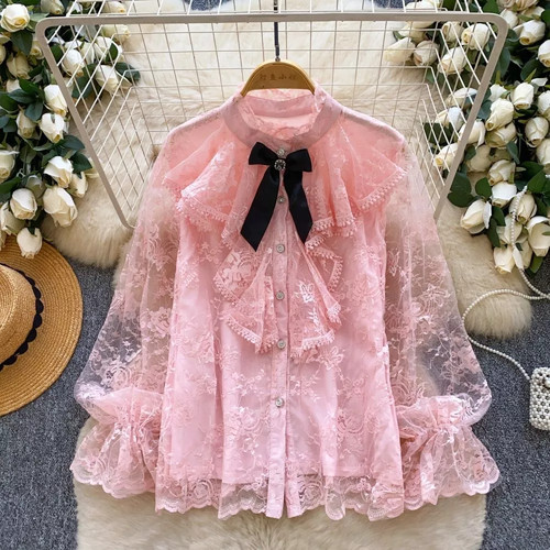 Camicia pizzo rosa volant - pizzo,
