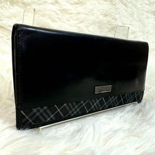 Portafoglio lungo Burberry nero etichetta logo placca pelle Nova check bifold uomo wallet