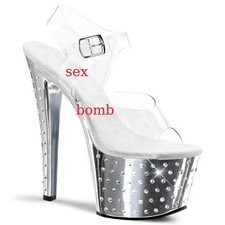 sexy SANDALI STRASS tacco 18 plateau dal 35 al 41 TRASPARENTE/ARGENTO glamour