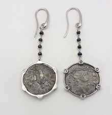 Orecchini argento 925 monete romane gioiello donna diamanti neri spinelli neri