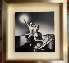 Mark Kostabi raro bianco e nero olio su tela 30x30