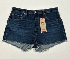 Pantaloncini Levi's 501 High Rise Cut Off Bottoni Fly Orlo Sfilacciato Blu Donna 33 Nuovi con etichette