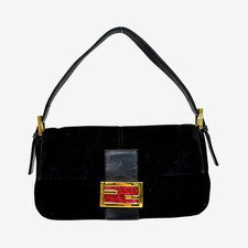 Borsa FENDI Baguette in camoscio nero con fibbia smaltata rossa glitterata