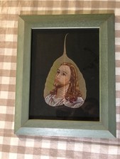 Quadro 25 x 30 cm con fipinto Cristo su foglia di ficus religiosa cornice verde