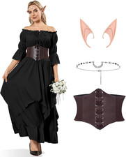 Vestito Medievale Donna, Costume Halloween Donna Con Corsetto, Orecchie Da Elfo,