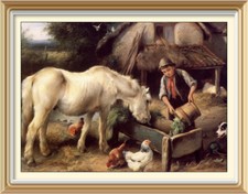 Poster vintage c1985 stampa TEMPO DI ALIMENTAZIONE fattoria ragazzo e cavallo polli di WALTER HUNT