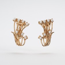 Orecchini a clip con fiori e perle, stile vintage Vittoriano, dorato oro 14K