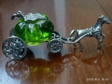 STATUINA MINIATURA SCULTURA COCCHIO VETRO VERDE CAVALLO ARGENTO 800 IDEA REGALO