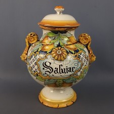 Vaso Maiolica Da Farmacia Con Coperchio Manici Teste Leone Dipinto A Mano XX Sec