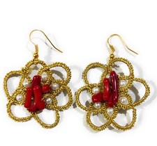 orecchini donna chiacchierino uncinetto oro con Corallo e perle