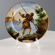 Piattino Antico Maiolica Castelli d'Abruzzo Scena Pescatore Italia XIX Secolo