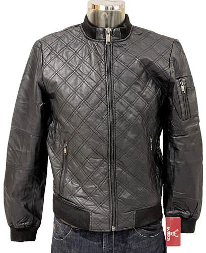 Black real leather mens bomber - black,