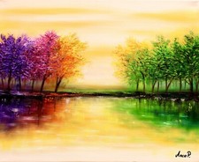 Quadro paesaggio, dipinto albero colorato, opera d'arte moderna, pittura ad olio