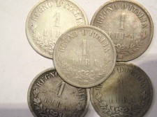 5 monete da 1 lira Valore 1863