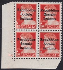 1944 TERAMO, n. 10 Lire 1,75 Arancione MNH/** BLOCCO CON NUMERO DA TAVOLO Firmato Keyva