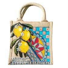 Borsa shopper donna in juta con manici, limoni e disegni sicily dipinti a mano.