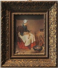 Quadro, Olio su legno, donna con cipolle, cornice dorata.