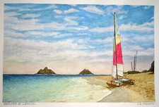 Quadro acquerello Hawaii "Hobie Cat spiaggiato a Lanikai Beach" L. Segedin #148