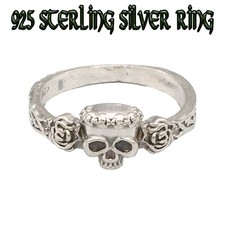Graziosa Teschio & Rosa Anello 925 Argento Sterling Halloween Gotico J-T Taglie