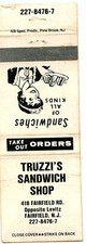 Truzzis Sandwich Shop, Fairfield, New Jersey Matchbook