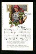 Cartolina d'artista Rudolf Schneider: Saluti dai Monti Metalliferi!, Donna con vaso di fiori, Me 