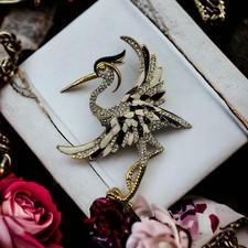 Rara spilla cicogna uccellino canna grande strass smalto Marcel Boucher