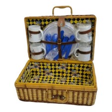 CESTINO PIC NIC CESTO VIMINI valigia COMPLETO STOVIGLIE POSATE PIATTI 4 PERSONE