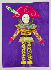 CAVALIERE originale su cartoncino-collage di carte dipinte a mano, 34 x 24,50