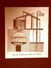 Incisione del 1875 Invenzione Macchina a vapore di Leupold