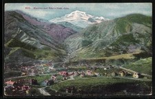 Manitou, CO, Veduta della città e Pike's Peak, cartolina 