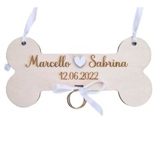 Portafedi forma osso in legno personalizzabile inciso con nomi e data con cuore