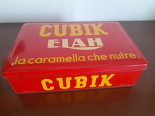 SCATOLA DI LATTA VINTAGE ANNI '50 CUBIK ELAH CARAMELLE. GENOVA PEGLI. ORIGINALE 