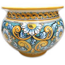 Cachepot Vaso per piante in ceramica Caltagirone, decoro Barocco e Margherite, c