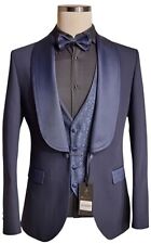 Designer Smoking Sposa Blu Abito Maschile Gilet Papillon Arredata Attillato