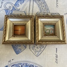 COPPIA DI QUADRETTI MINIATURE PAESAGGI CORNICI DORATE CON VETRO