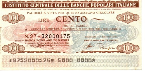 Miniassegno lire cento - miniassegno,