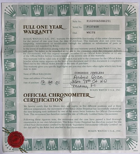 Rolex certificate guarantee - certificate,